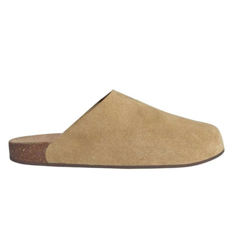 Adidas Adimule slides in golden beige suede with a cork sole.