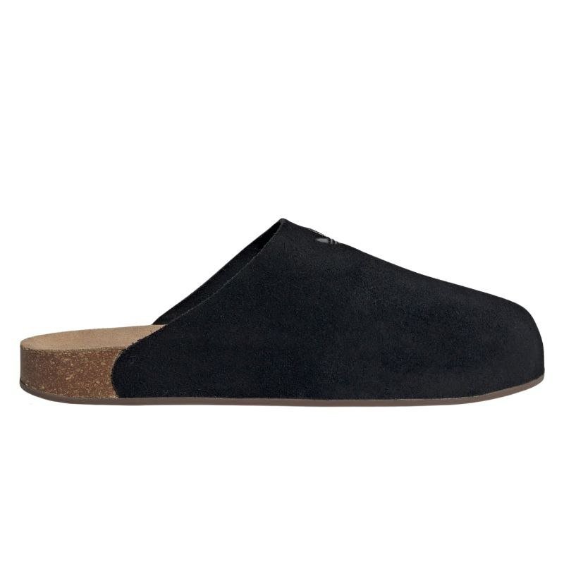 Adidas Adimule Slides in black suede with a cork sole